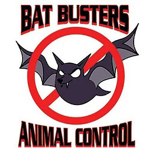 Bat Busters Animal Control logo showing a bat with a red circle-stop over the bat